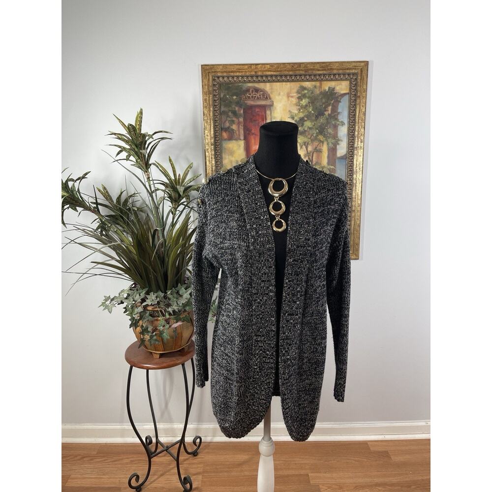 Charter Club Women’s Medium Long Open Front Knit Cardigan Gray Gold Button Fairy